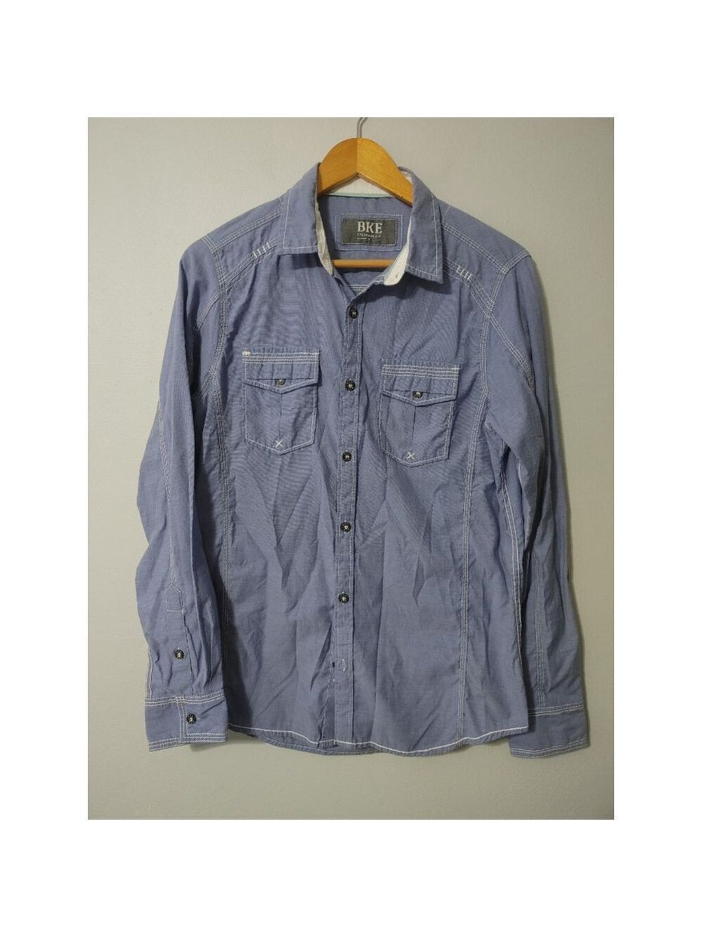 Men's BKE Blue Casual Button Down Shirt Standard Fit S with White Stitching